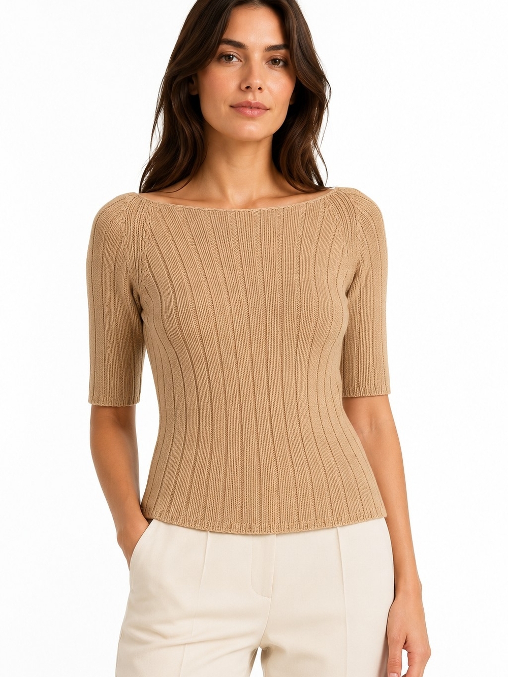 Neiman Marcus Vintage 90s Cotton Rib Knit Boat Neck Sweater L Camel quiet luxury